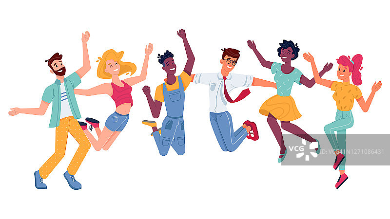 快乐的人跳跃，在喜悦和乐趣与手举起，矢量平面插图。年轻的女孩，男孩或女人和男人男人跳起来，自由享受，友谊庆祝，成功和快乐幸福图片素材