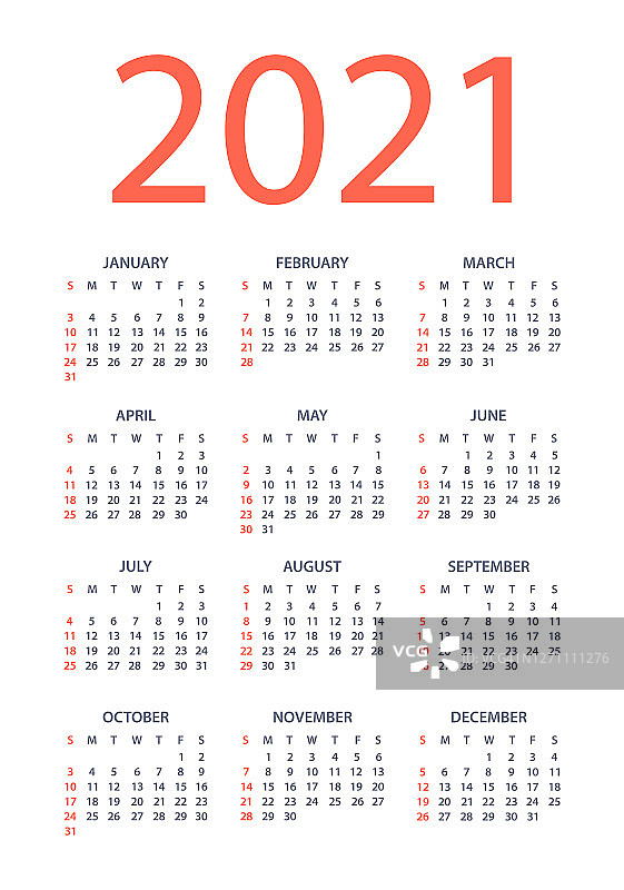 日历2021 -矢量插图。周日开始图片素材