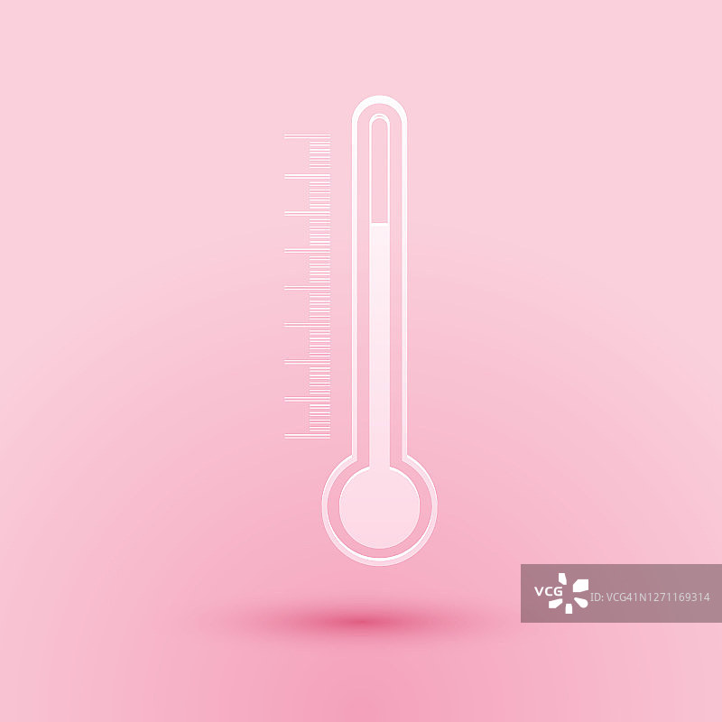 剪纸温度计图标孤立在粉红色的背景。纸艺术风格。向量图片素材