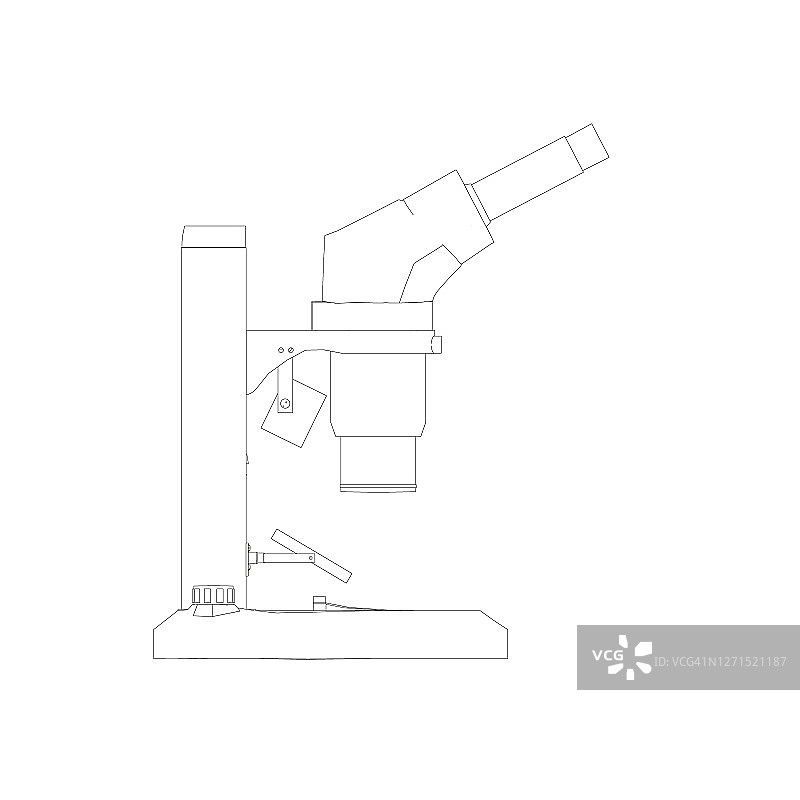 显微镜从白色背景上孤立的黑色线条勾勒出轮廓。桌面显微镜。侧视图。矢量图图片素材