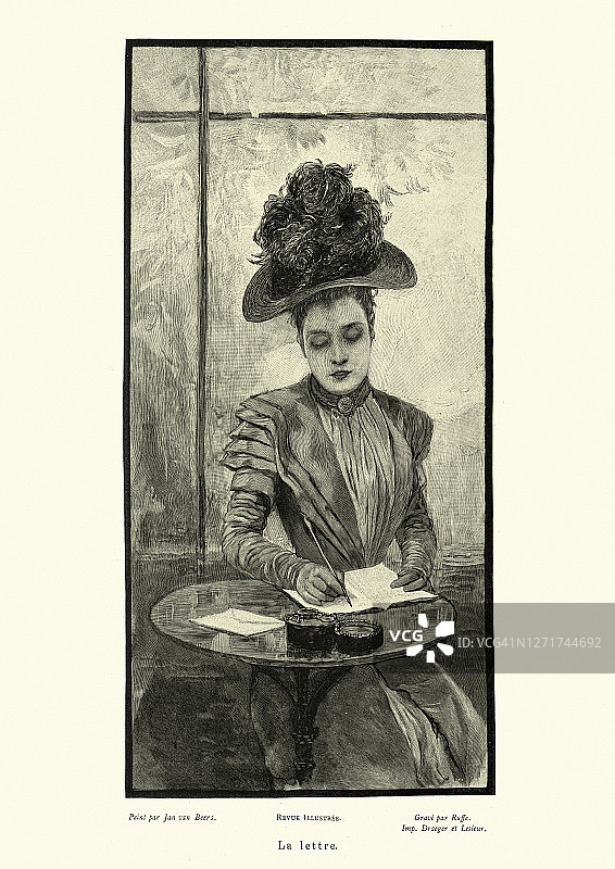 美丽的年轻女子写信，维多利亚，19世纪90年代图片素材