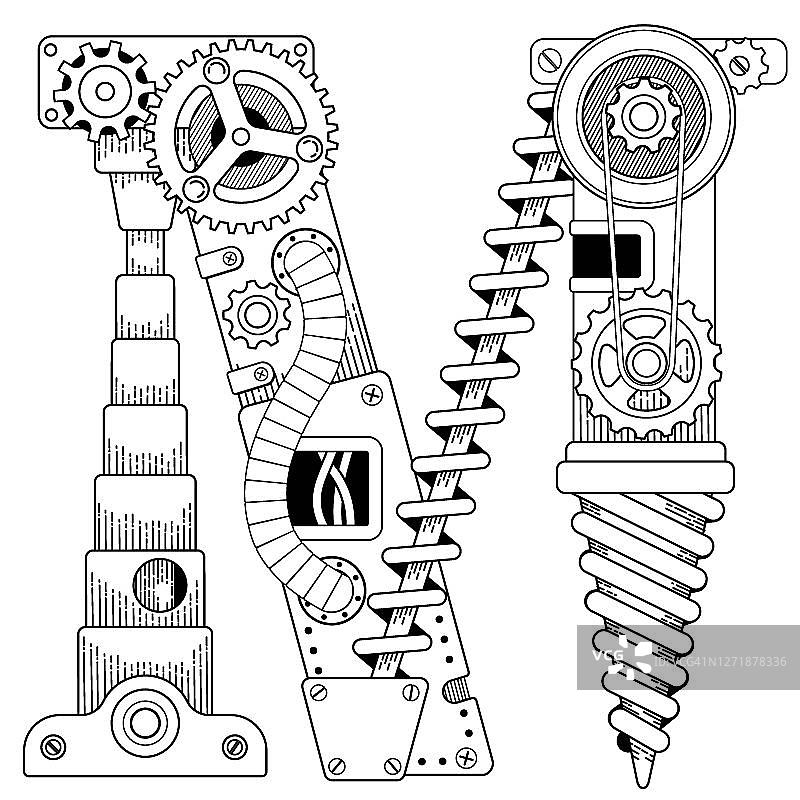 矢量蒸汽朋克着色书的成年人。机械字母字母表由金属齿轮和各种细节上的白色背景。齿轮字母表中的大写字母M图片素材