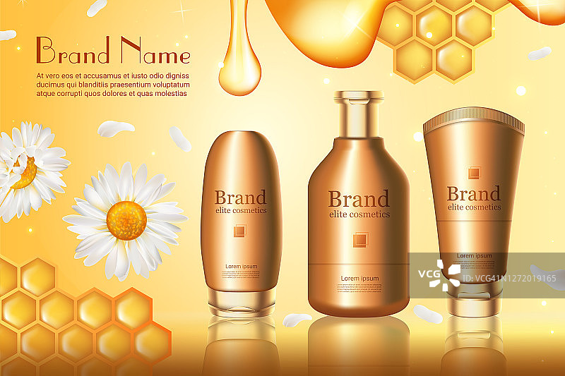 蜂蜜化妆品系列矢量插图，蜂蜜护肤霜产品在一套3d逼真的黄金容器瓶包装黄金背景图片素材