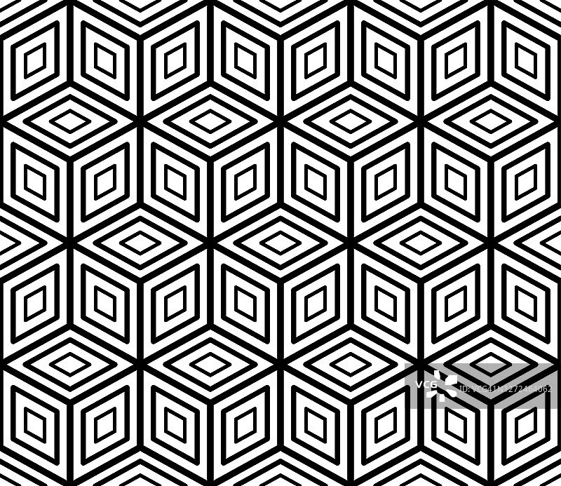 矢量无缝立方体几何图案。创造性的抽象幻觉可重复的背景。简单的黑白纹理图片素材