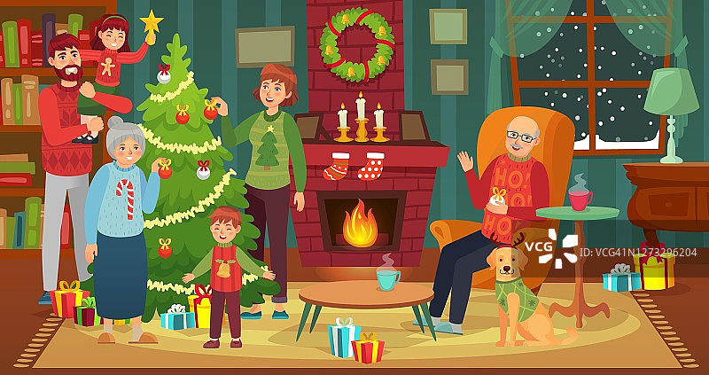 快乐的家庭装饰圣诞树。矢量快乐圣诞图片素材