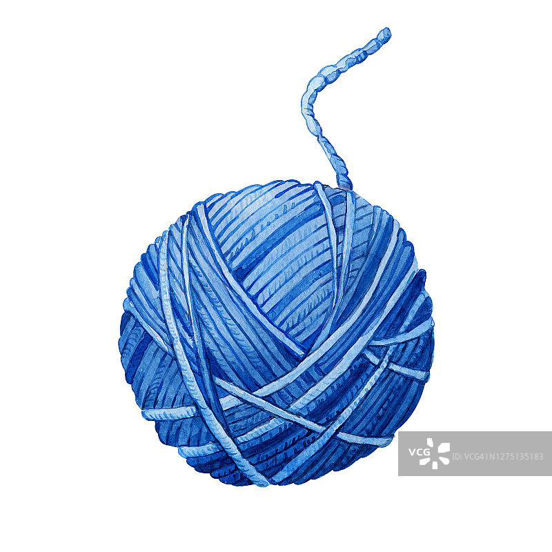 蓝色的球，毛线，用于编织。手绘水彩插图孤立的白色背景。名片设计，标志，图标，工艺品图片素材