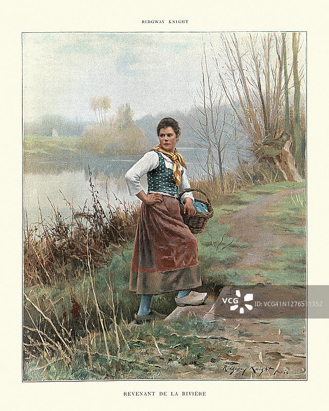 年轻的法国农妇，从河边回来，十九世纪图片素材