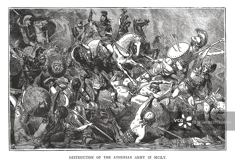 古雕刻插图的破坏雅典军队在西西里图片素材