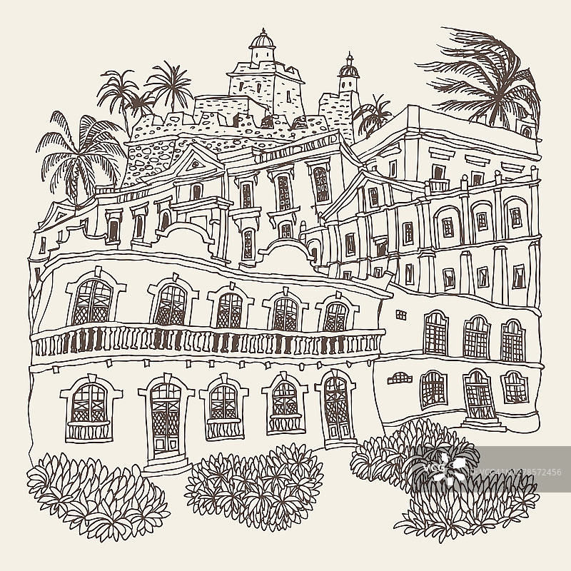 矢量手绘的幻想城市墨西哥景观与中世纪城堡，棕榈树，城镇街道，房屋，教堂的痕迹。棕色画素描。t恤印花，小册子封面，成人涂色书页图片素材