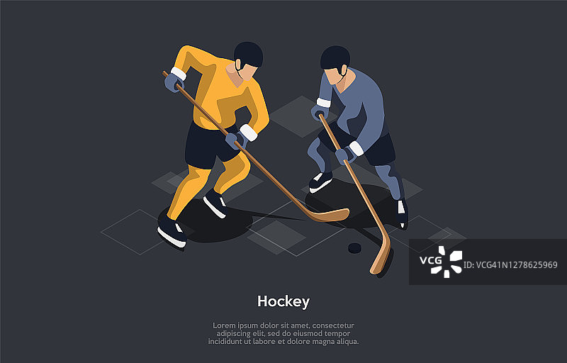 冰球运动的概念。两个男性角色通过使用曲棍球棒将球或冰球踢进对手的球门而相互对抗图片素材