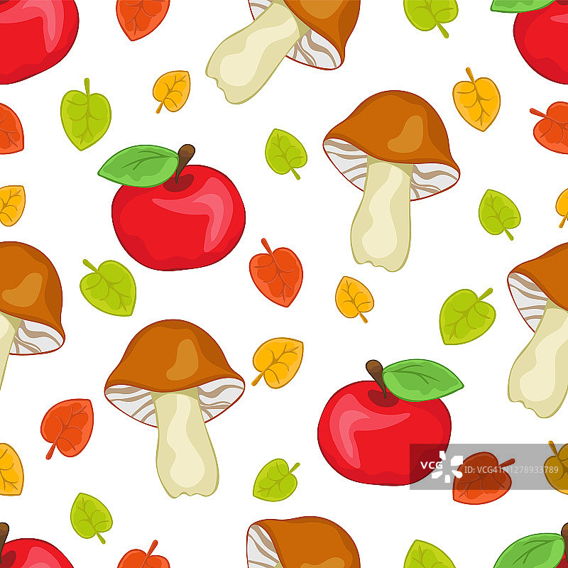 苹果、蘑菇、树叶无缝图案，卡通手绘，五彩缤纷的秋季森林背景。为儿童设计的印花、面料、鲜艳可爱的壁纸。矢量图图片素材