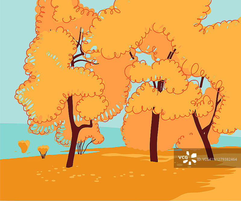 公园里的秋天。黄色的秋叶。矢量插图。图片素材