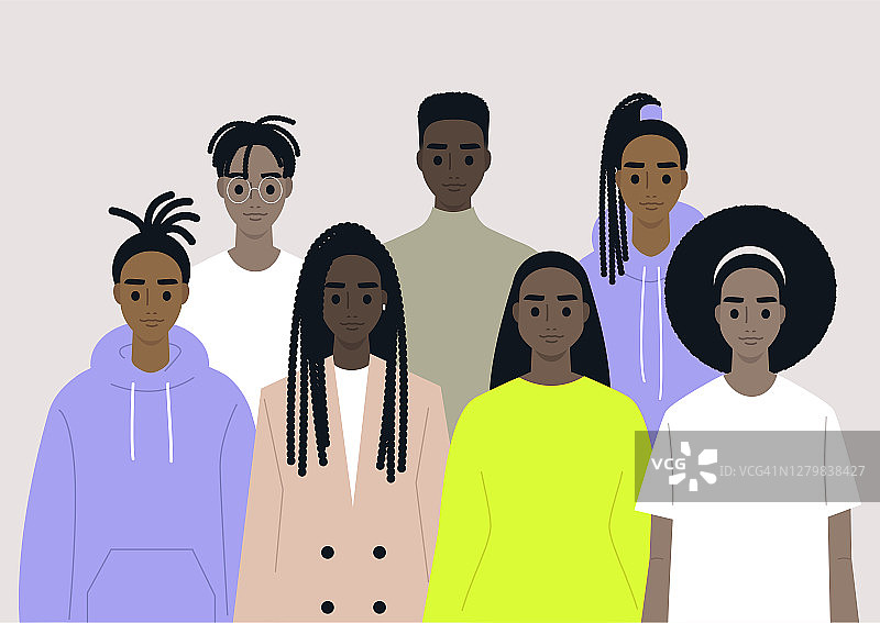黑人社区，非洲人聚集在一起，一套男女角色穿着不同的服装和发型图片素材