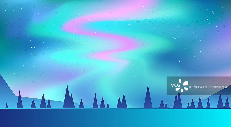 夜空，北极光，北极光效果，逼真的彩色北极光。矢量插图，北极光抽象空间设计。背景有蓝色、绿色、粉色和紫色图片素材