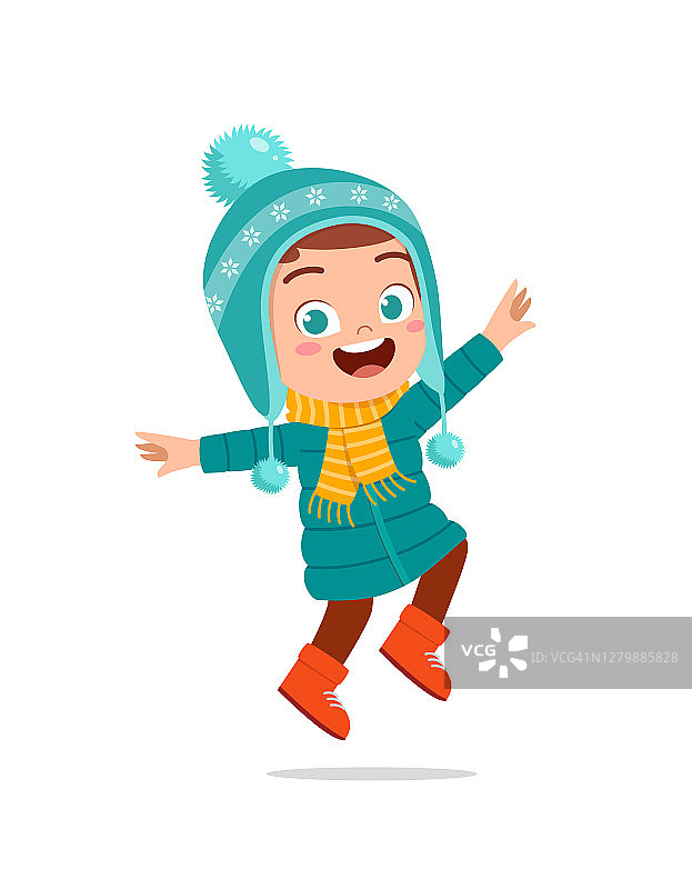 快乐可爱的小朋友在冬天穿夹克玩耍。孩子穿着暖和的衣服微笑图片素材