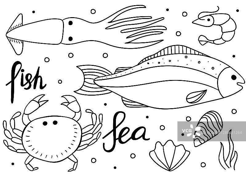 Unerwater涂鸦集。蟹和虾，鱼，牡蛎线手绘收集生物黑色孤立的物体上白色与字母图片素材