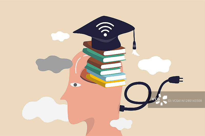 网上学习，远程大学或在线学习和网络教学或在线教育理念，聪明的人用成堆的书籍插入他的大脑与毕业帽与互联网wifi信号。图片素材