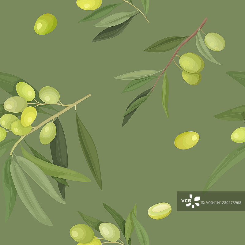 矢量插图的无缝模式的橄榄枝和水果在绿色卡通风格。包装设计，橄榄业务包装和橄榄油，织物图片素材