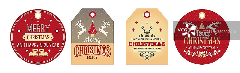 圣诞节的标签。假日标签和徽章与有趣的冬季新年元素和矢量雪插图图片素材