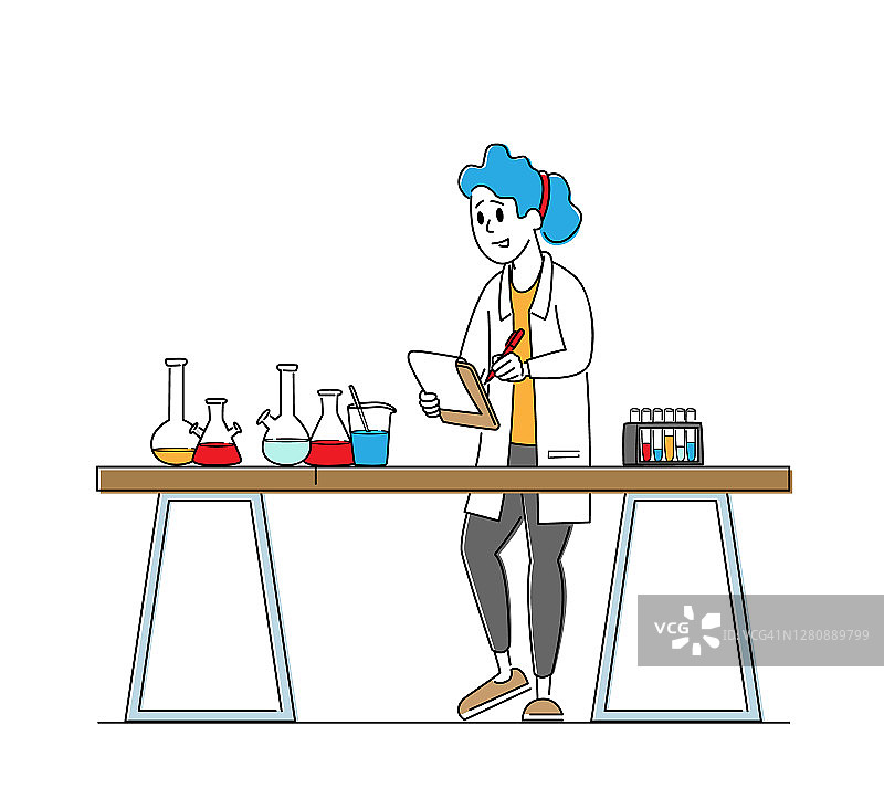 白大褂里的化学家、科学家在科学实验室里做实验。女性撰写调查结果图片素材