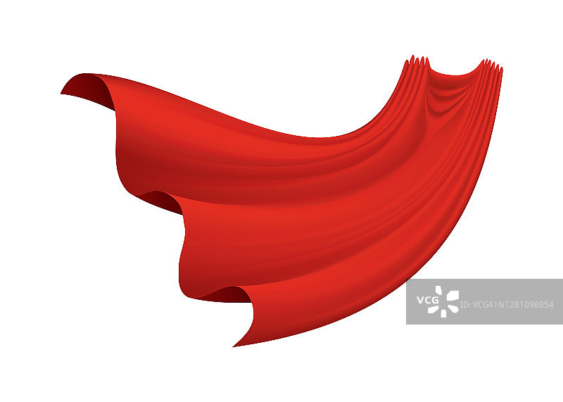 白色背景上的超级英雄红色斗篷。猩红色面料丝绸斗篷。斗篷服装或封面卡通矢量插图。飞行狂欢节的衣服图片素材