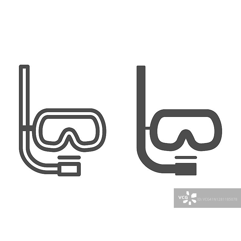 潜水面罩和通气管线和固体图标，水下运动概念，游泳护目镜标志上的白色背景，面具和管潜水图标在轮廓风格的移动和网络。矢量图形。图片素材