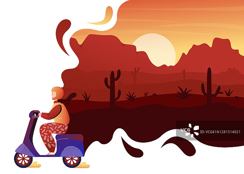 沙漠野生自然探险旅游概念，卡通旅行者驾驶滑板车寻找发现图片素材