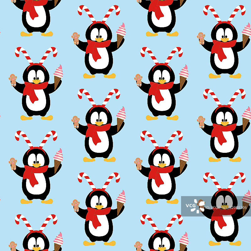 企鹅在圣诞派对服装无缝模式图片素材