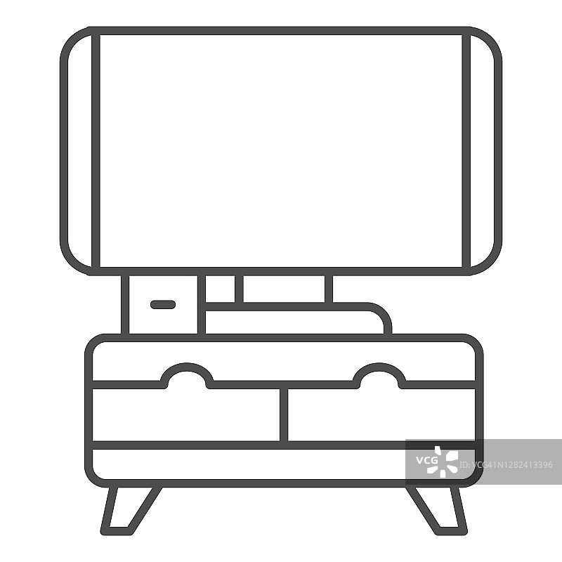 电视在床头柜上的细线图标，室内设计概念，电视在床头柜上的标志，白色背景，电视在路边的图标，轮廓风格的移动概念。矢量图形。图片素材