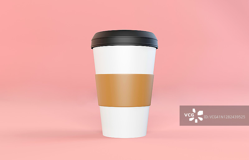 淡粉色背景的3d硬纸板咖啡杯。图片素材