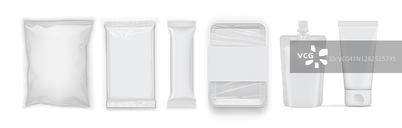 一套干净的空白白色食品包装孤立在白色背景模拟矢量图片素材