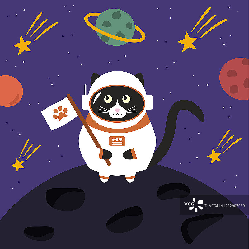可爱的黑猫宇航员穿着太空服站在地球上。爪子上拿着一面旗帜，背景是紫色的宇宙。图片素材