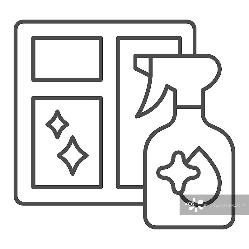 窗口和清洁喷雾细线图标，清洁服务概念，喷瓶为玻璃标志上的白色背景，清洁剂为窗口图标在轮廓风格的移动，网页。矢量图形。图片素材