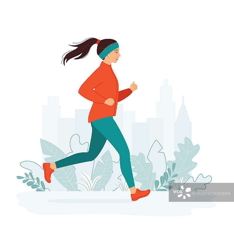 一名年轻女子在寒冷的季节在城市公园里跑步。积极健康的生活方式概念，慢跑，城市竞赛，马拉松，有氧运动，锻炼。矢量图图片素材