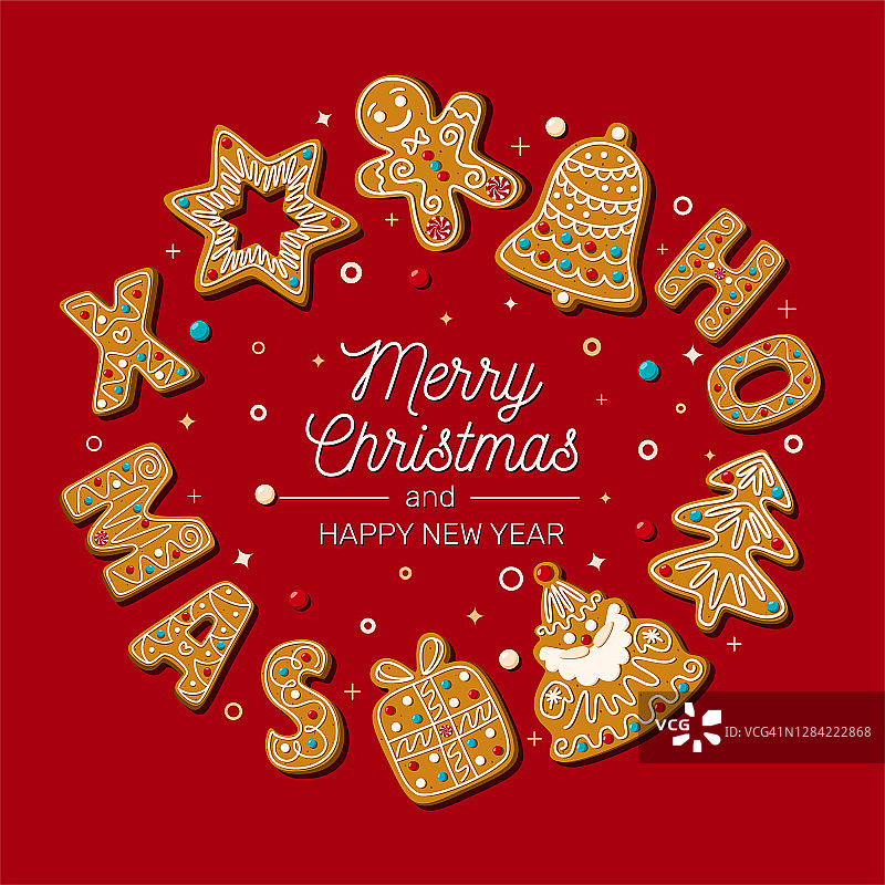 圣诞贺卡与圣诞姜饼在红色的背景。矢量插图。图片素材