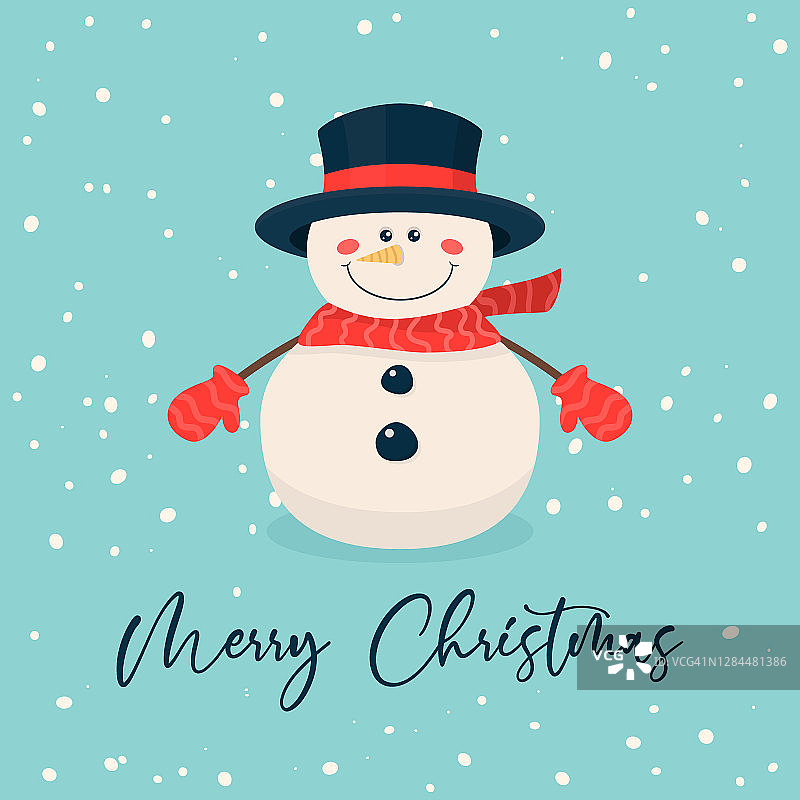 圣诞快乐的明信片。矢量圣诞可爱雪人与帽子和围巾在平的风格。圣诞快乐及新年贺卡设计模板。卡通的孩子性格图片素材