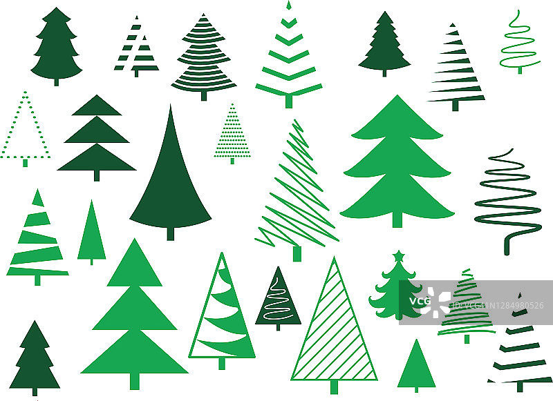 一套绿色的圣诞树在白色的背景图片素材