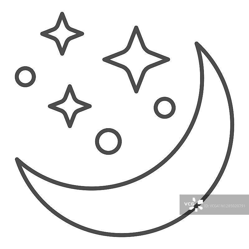 月亮和星星细线图标，占星概念，夜空标志在白色的背景，月亮在星空图标在轮廓风格的移动概念和网页设计。矢量图形。图片素材