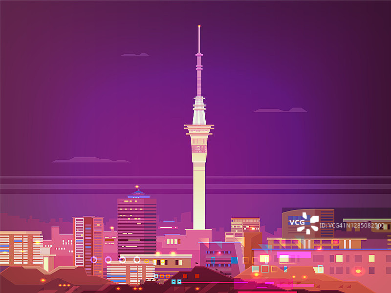 新西兰天空塔上美丽的城市全景。新西兰的城市夜景。图片素材