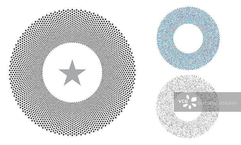 中心有重复元素的黑色圆圈。蓝色和灰色和大小随机。明星向量背景。图片素材