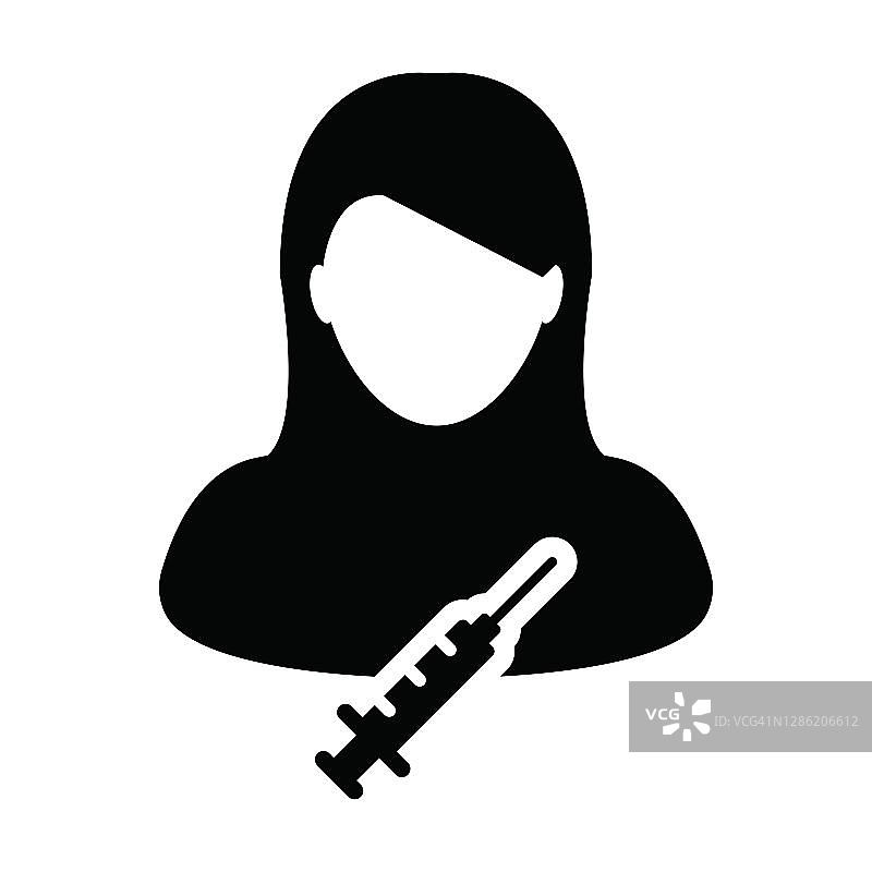 疫苗图标矢量与注射器女性用户的个人资料头像象征医疗和保健在一个象形文字象形图图片素材