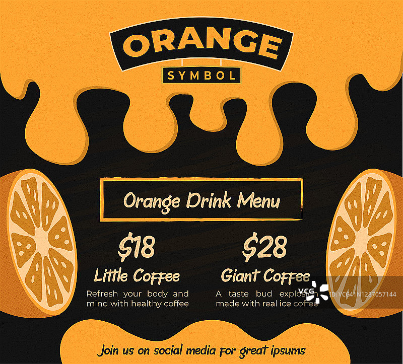 橙色果汁横幅与滴橙色液体在黑色的背景为传单或海报模板图片素材