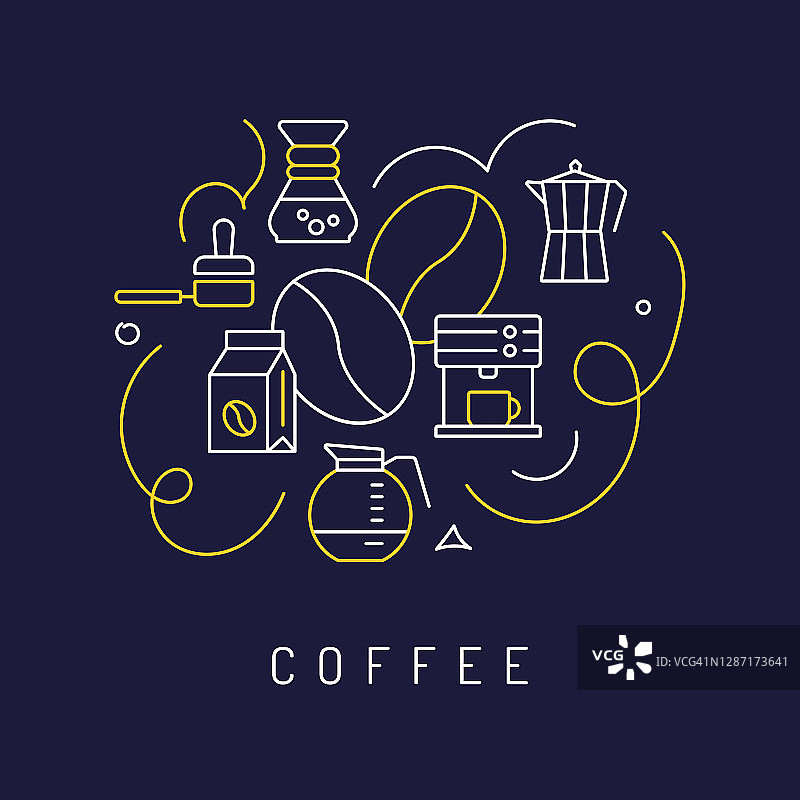 咖啡概念，现代线条艺术图标背景。线性风格矢量插图。图片素材