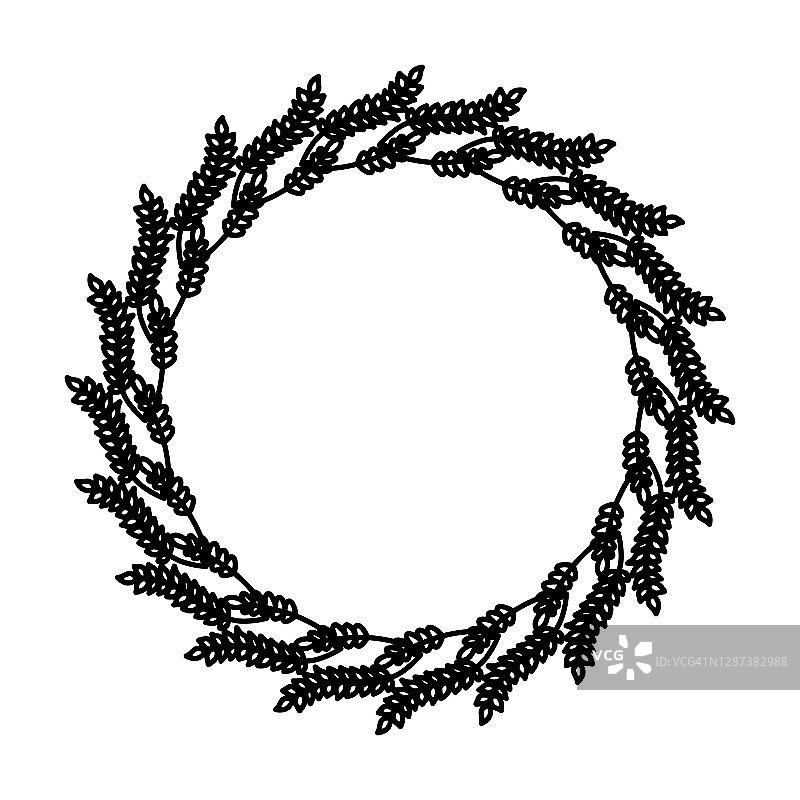 黑白色剪影圆形月桂叶小麦橡树框架描绘一个奖项，成就纹章，贵族。矢量插图边框手绘树叶家居装饰图形打印图案设计图片素材