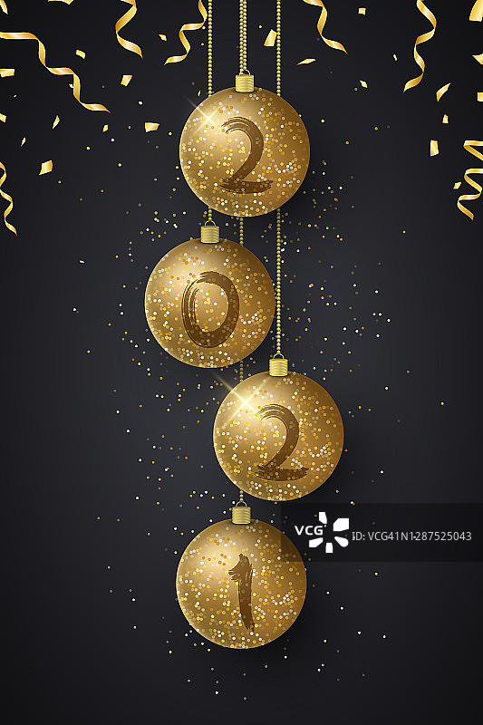 闪闪发光的圣诞球上写着2021年新年和飞舞的五彩纸屑。难看的东西刷。豪华的装饰。贺卡或海报。矢量图图片素材