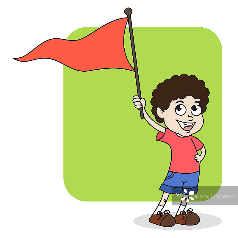 向量图形的小可爱快乐微笑卷发男孩孩子，享受挥舞的橙色旗帜运动在天空，穿着红色t恤，蓝色牛仔裤，和时尚的棕色帆布鞋。图片素材