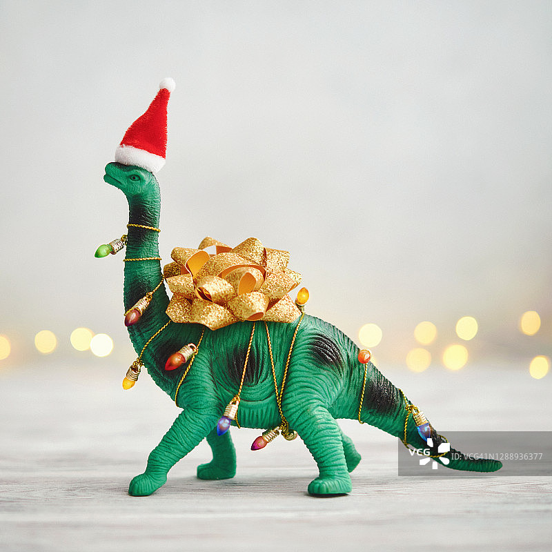圣诞背景与恐龙包裹在圣诞灯和弓图片素材