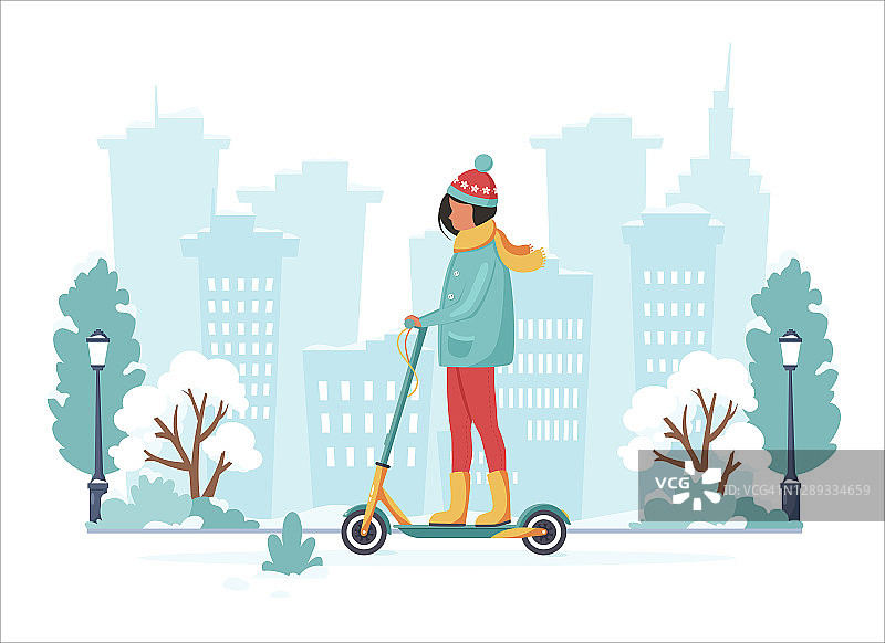 女人在冬天骑电动踏板车。生态交通的概念。矢量图图片素材