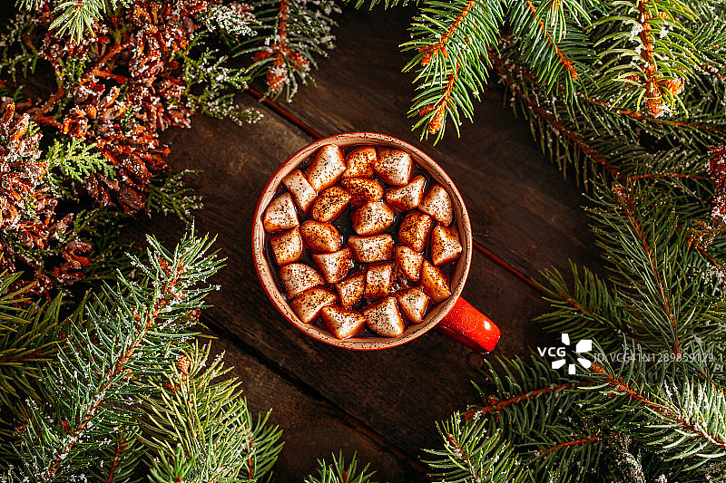 圣诞背景与热巧克力和棉花糖图片素材