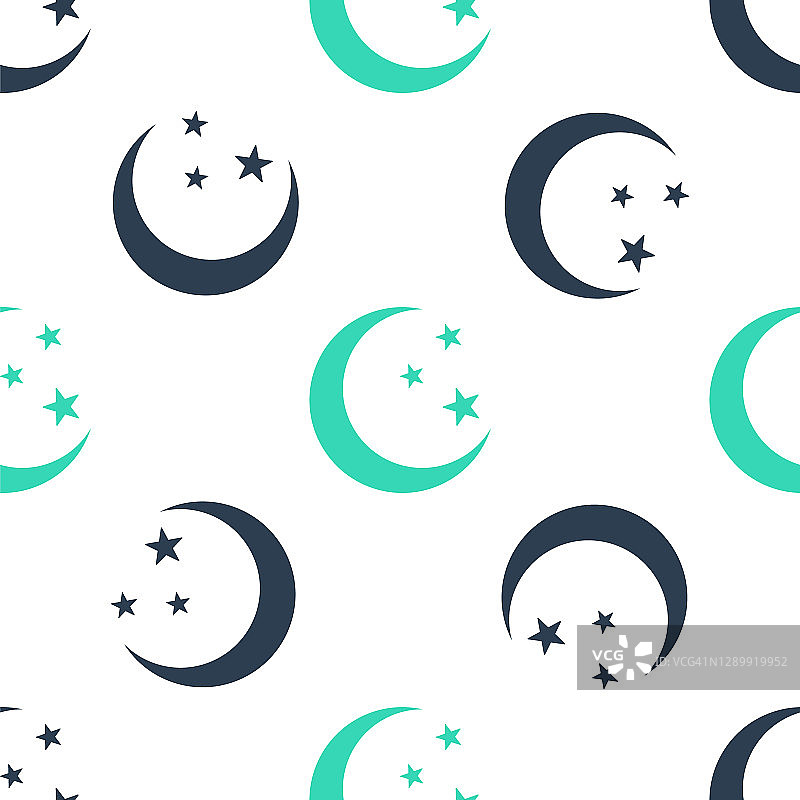 绿色月亮和星星图标孤立无缝模式上的白色背景。向量图片素材
